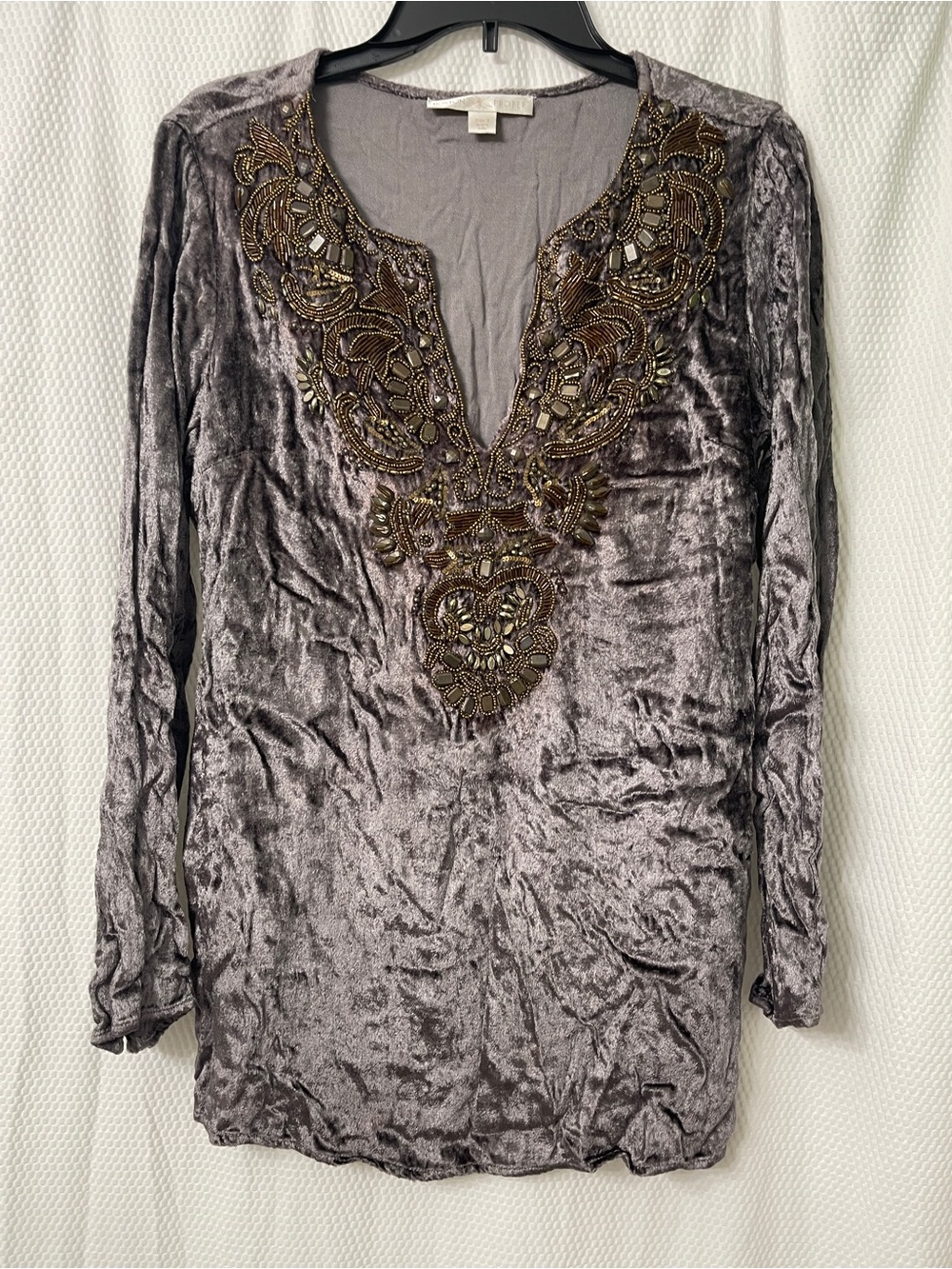 Boston Proper Taupe Knit Top with Metallic Label Detail